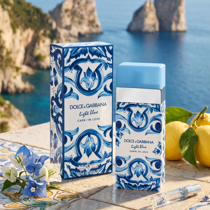 Light Blue Capri In Love fragrance side angle elegant bottle